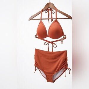 NWT• PINK Victoria's Secret Rust Halter Ruched High Waist Bikini Set XXL